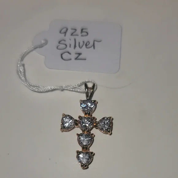Vintage Real 925 Silver CZ Cross Pendent - Picture 8 of 13